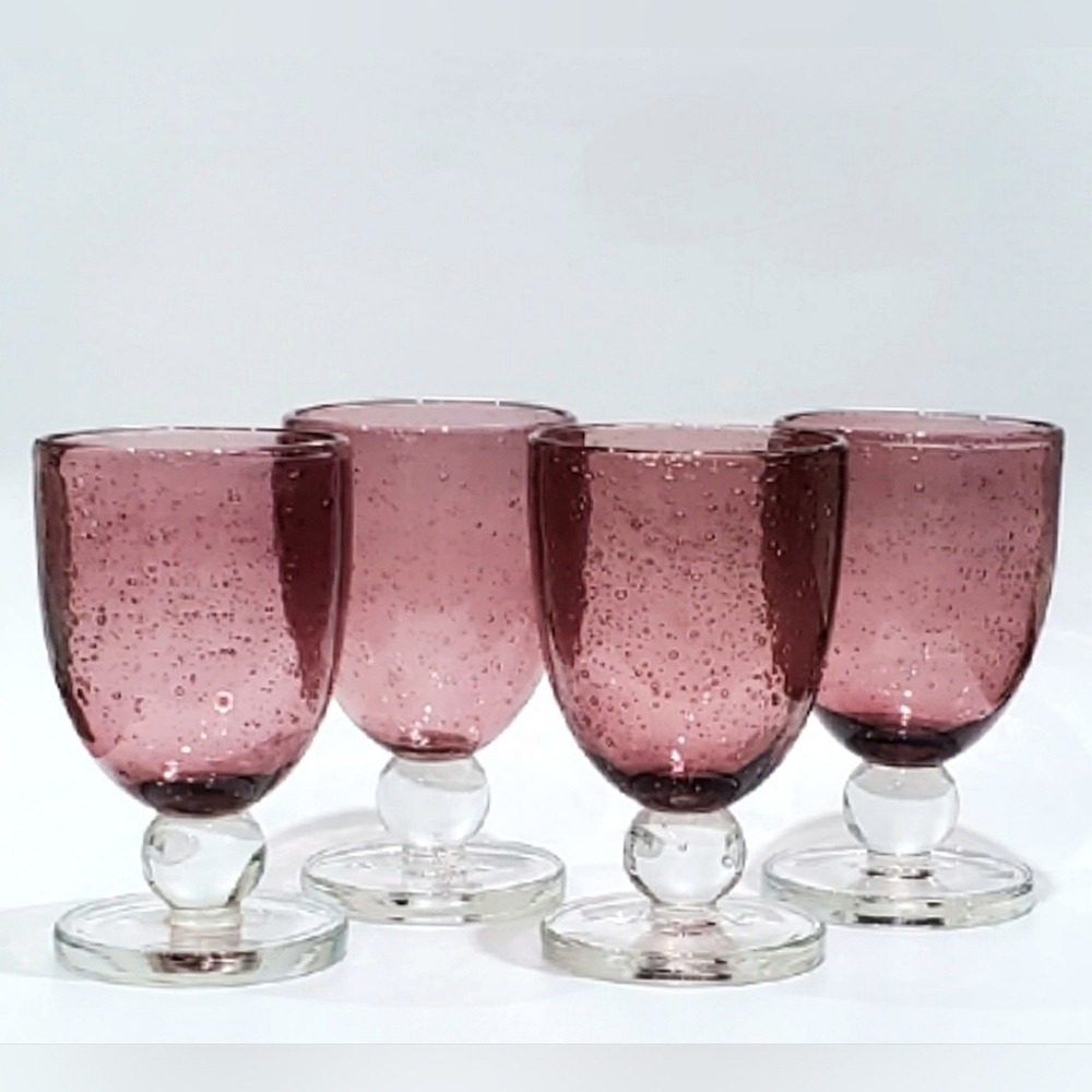 4pc Set Mouth-Blown 12oz Amythest Purple Bubbles Goblets - Picture 5 of 7